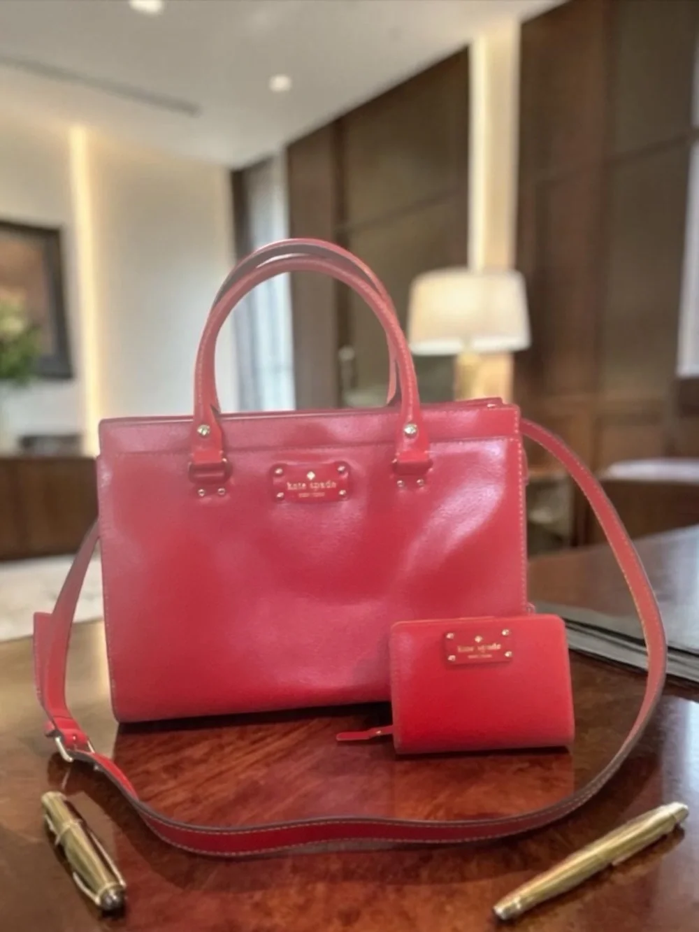 Kate Spade Red Leather Satchel Crossbody Bag & Wallet Set